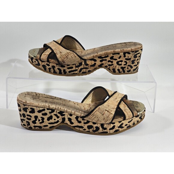 DMS Women's 36 Jimmy Choo Cork Wedge Leopard Peep Toe High Heels Pumps Slides - Picture 4 of 12